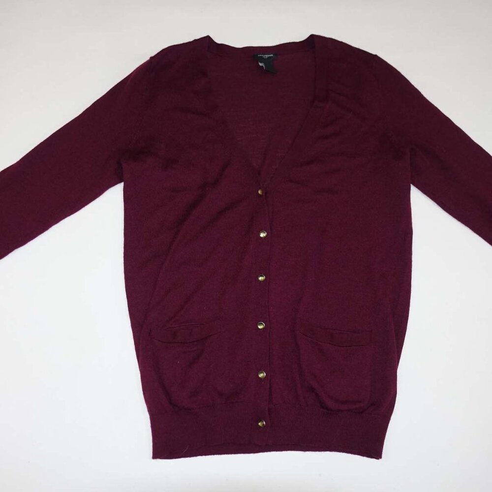 Ann Taylor Burgundy V-Neck Button Cardigan